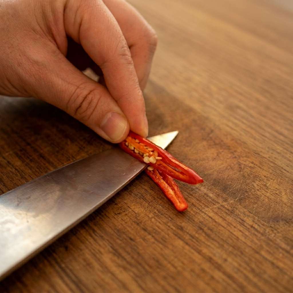 A hand holding a halved red chili pepper while using a small knife to scrape out the inner white seeds.
