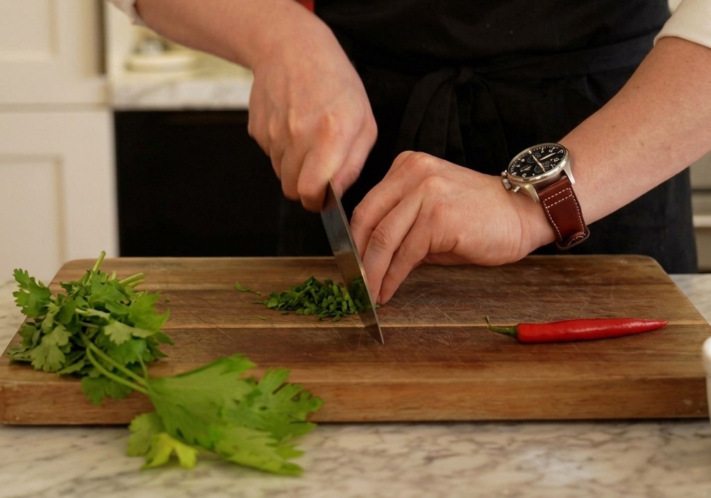 A chef in a black apron chopping fresh green parsley on a wooden cutting board alongside a red chili pepper.