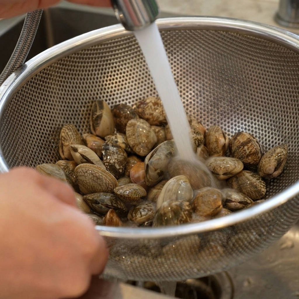 Soaked clams being washed in a large metal mesh strainer under a stream of cold running water.