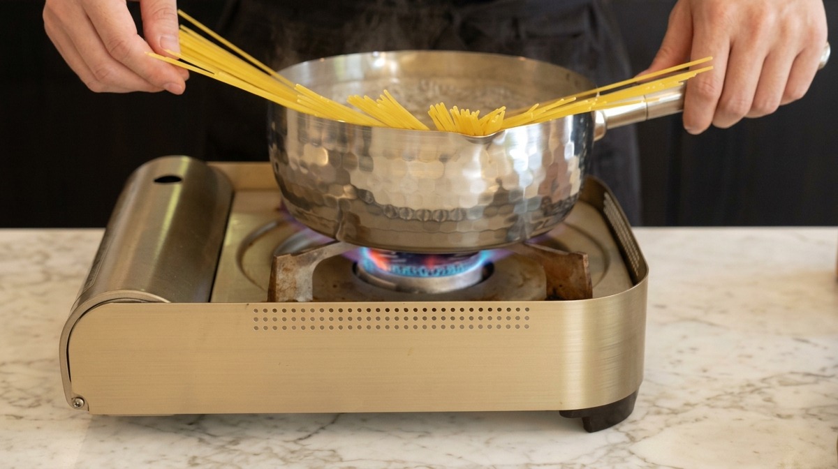 A person dropping long dry spaghetti noodles into a bubbling pot of boiling water on a small gas stove.