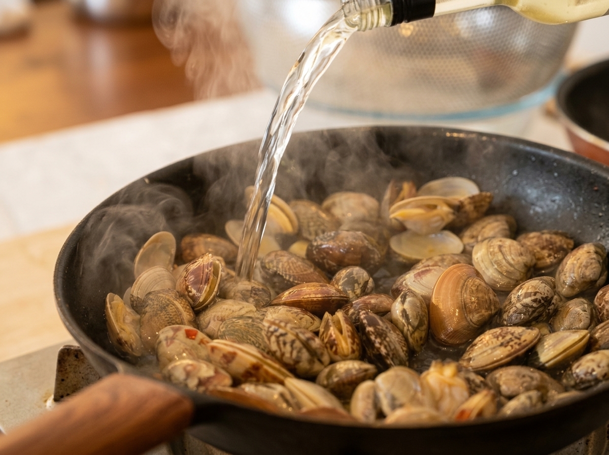 Dry white wine being poured from a bottle directly over a pan of steaming, cooking clams.