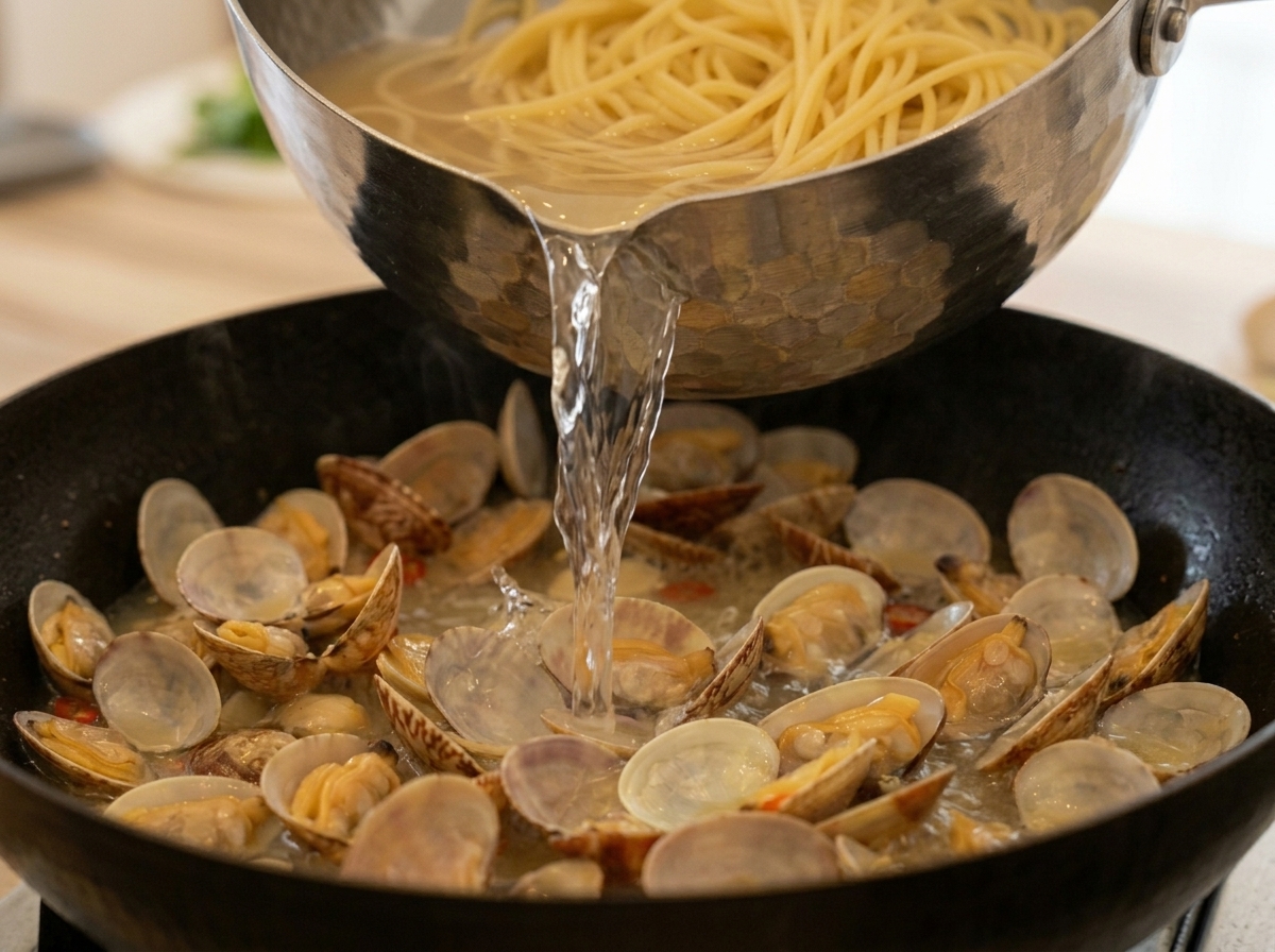 Cooked spaghetti and a splash of pasta water being poured from a metal pot into a skillet of clams and broth.