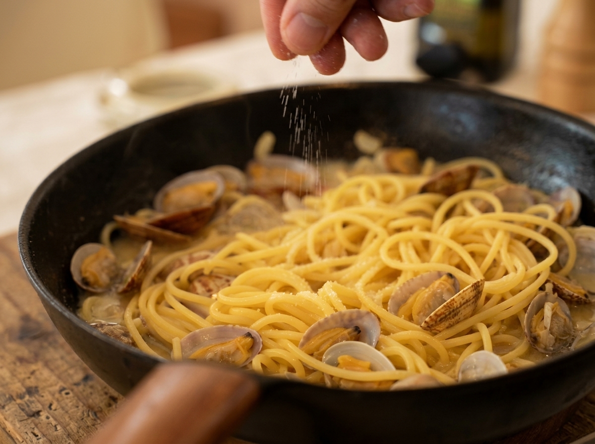 A hand sprinkling seasoning over a skillet filled with spaghetti and cooked clams.