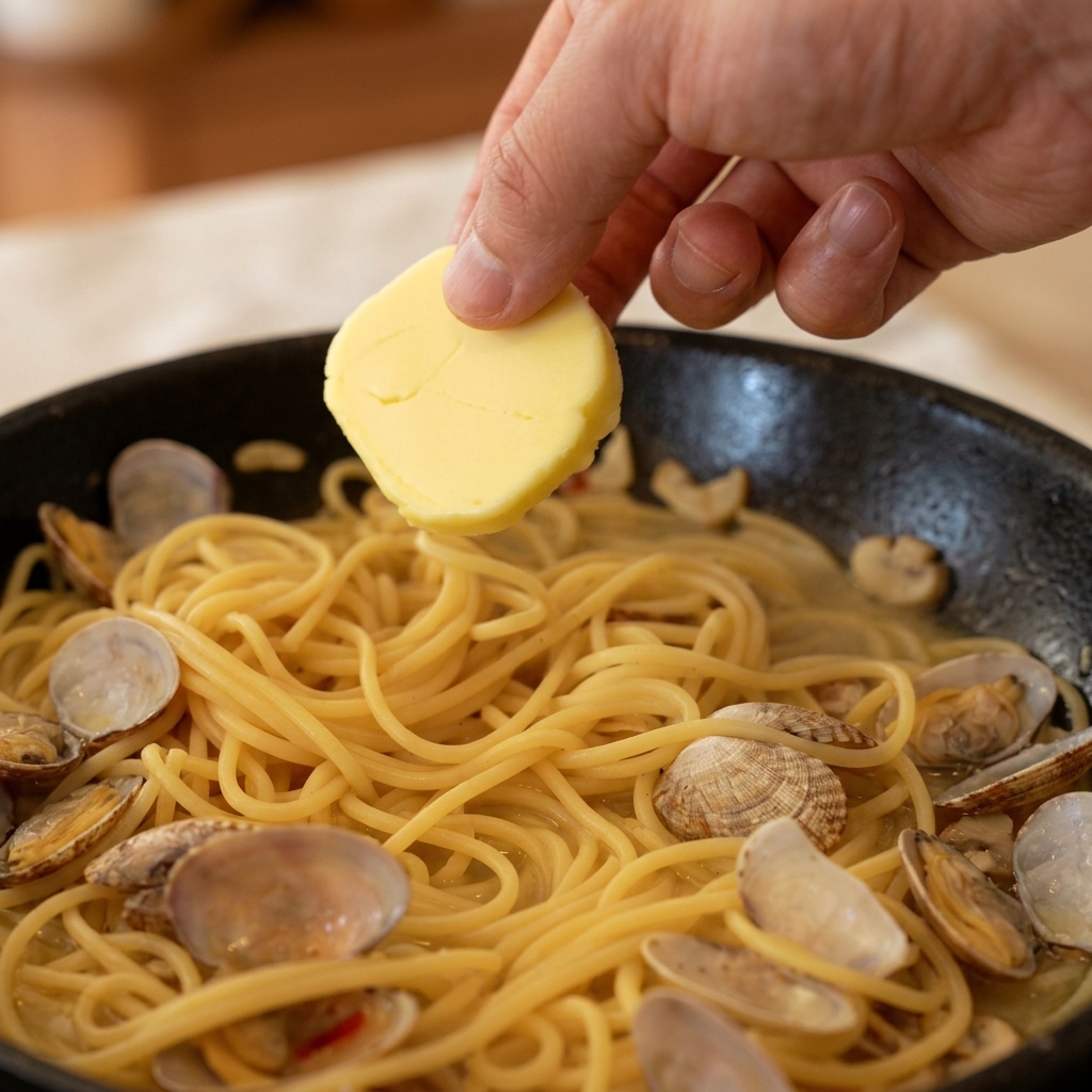 A hand holding a round slice of butter over hot spaghetti and clams in a dark skillet.