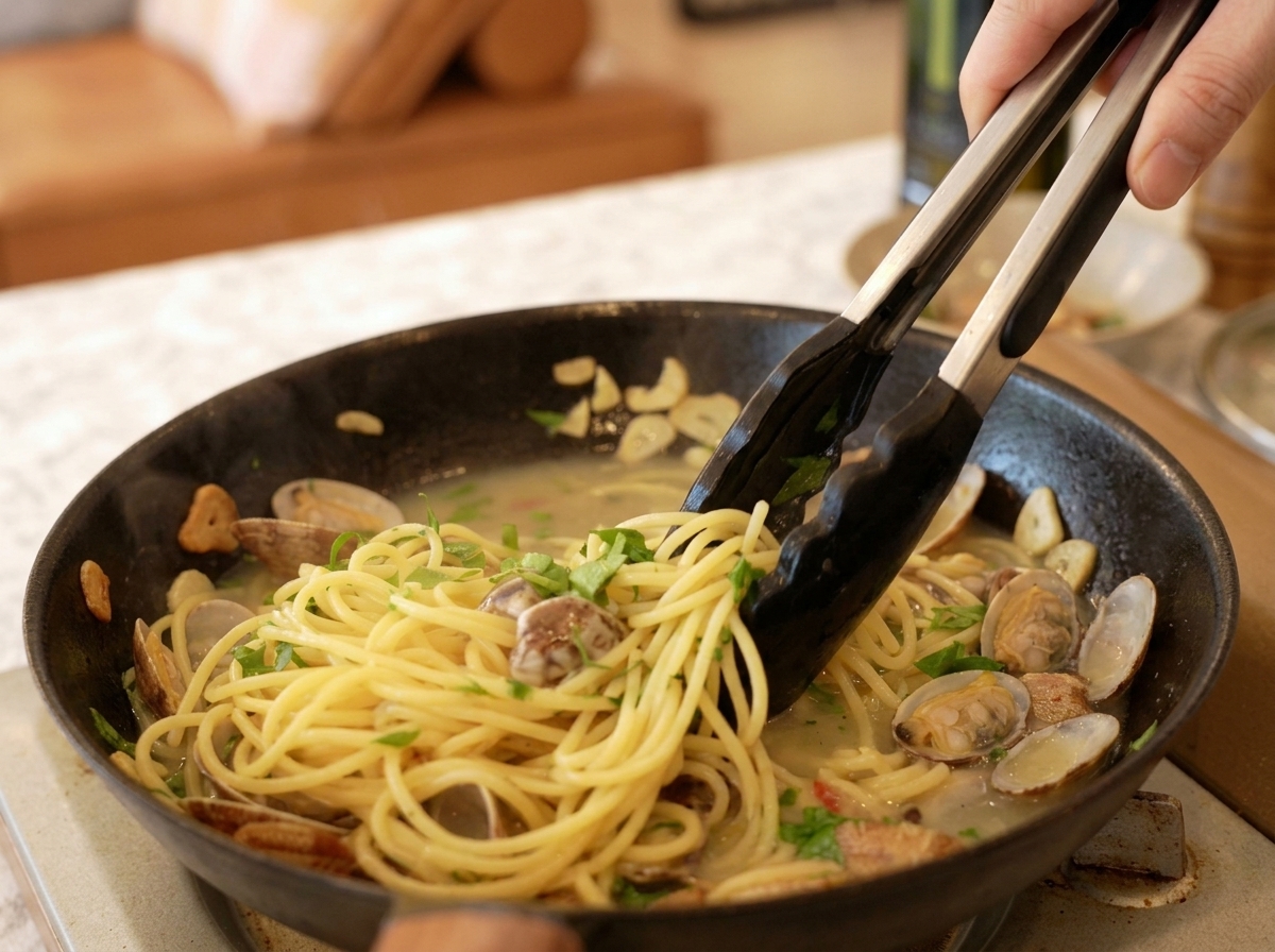 Tongs tossing warm spaghetti, opened clams, and bright green chopped parsley together in a skillet.