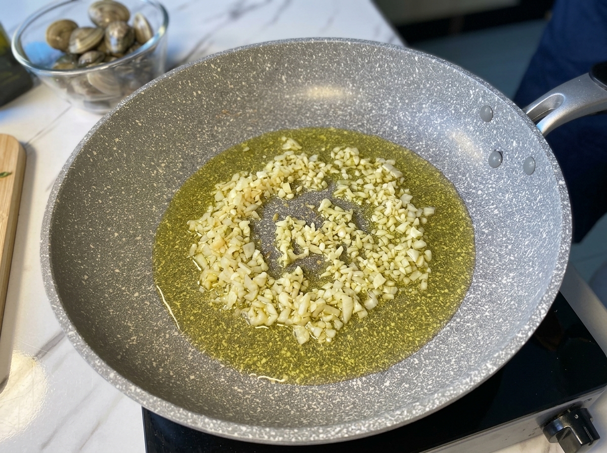 Minced garlic and onion gently bubbling in olive oil inside a grey speckled frying pan.