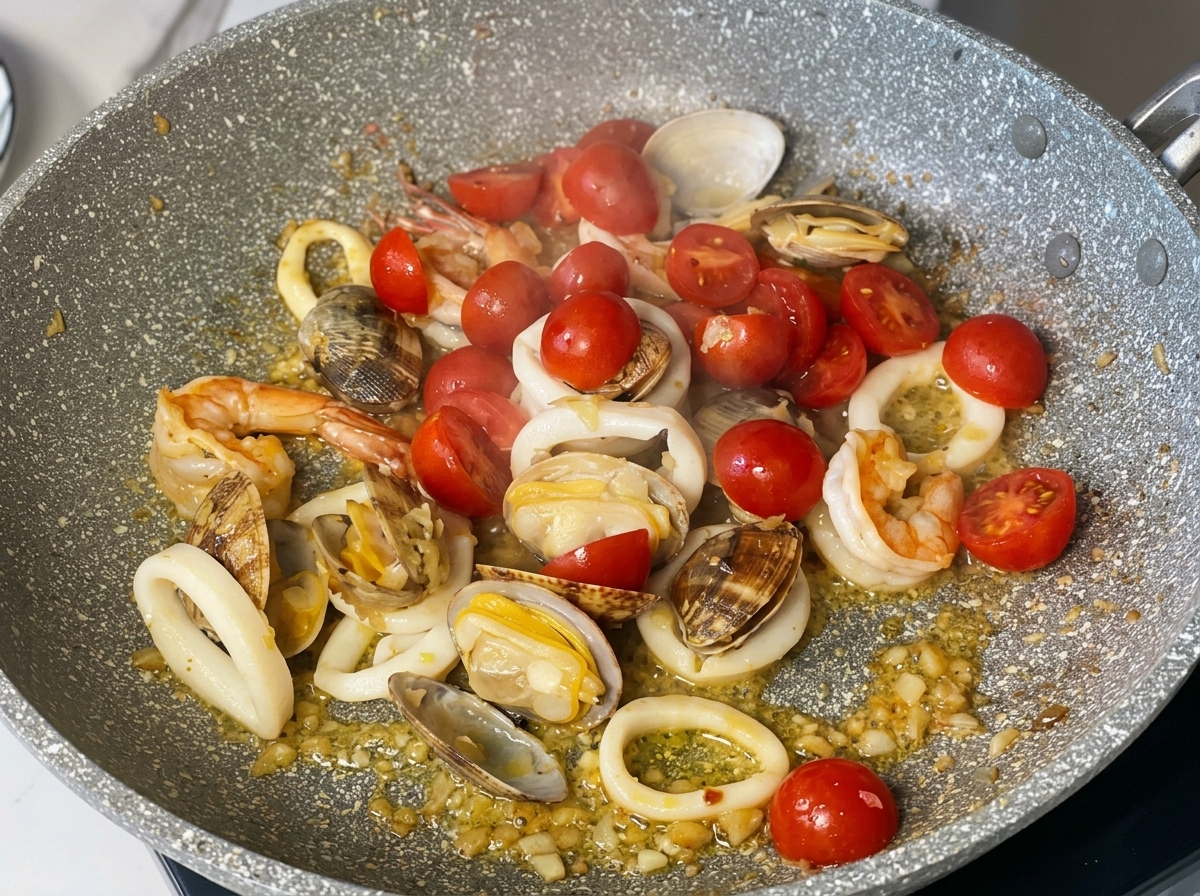Halved bright red cherry tomatoes cooking in a pan alongside clams, shrimp, and squid rings.