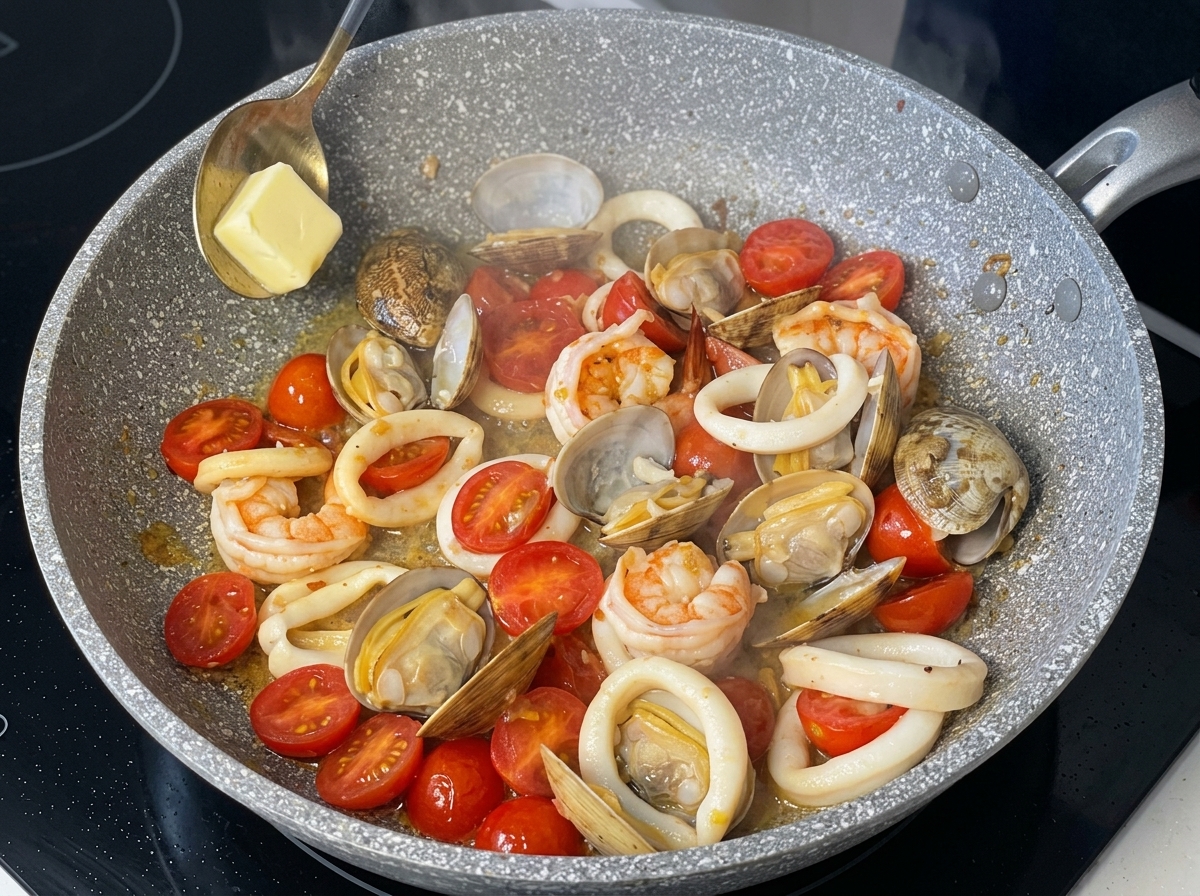 A spoonful of yellow butter being lowered into a pan of cooked seafood and cherry tomatoes.