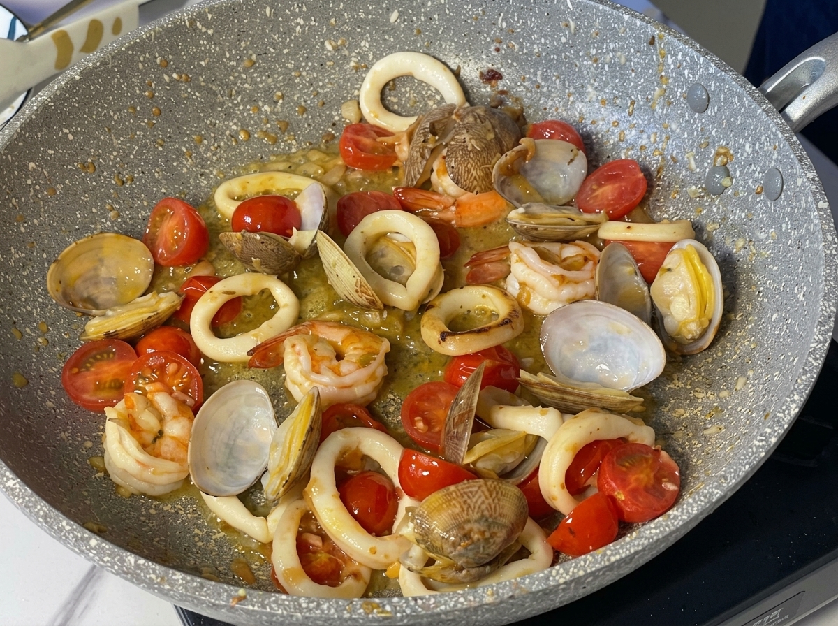 Shrimp, squid rings, whole clams, and halved cherry tomatoes simmering in a buttery white wine sauce in a speckled frying pan.