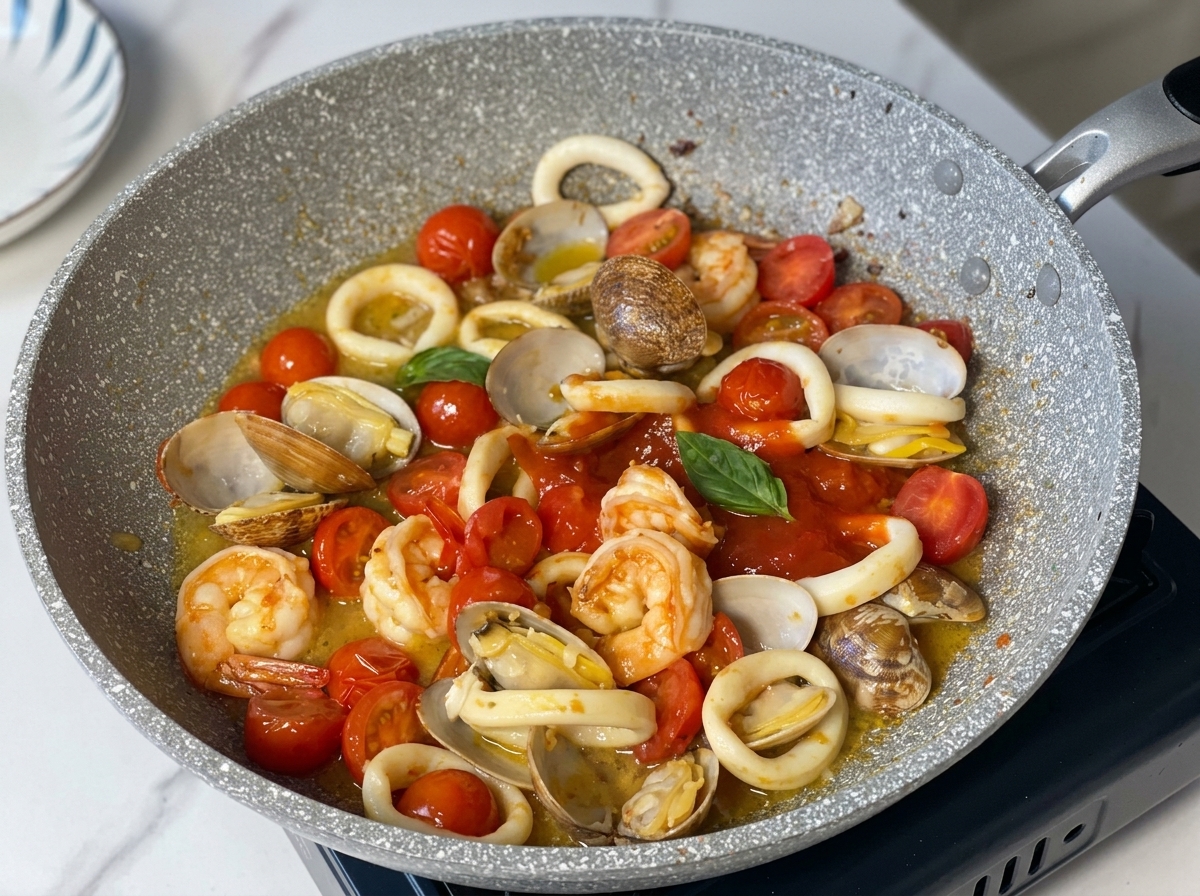 Red tomato sauce added to a pan of shrimp, squid, clams, and cherry tomatoes.