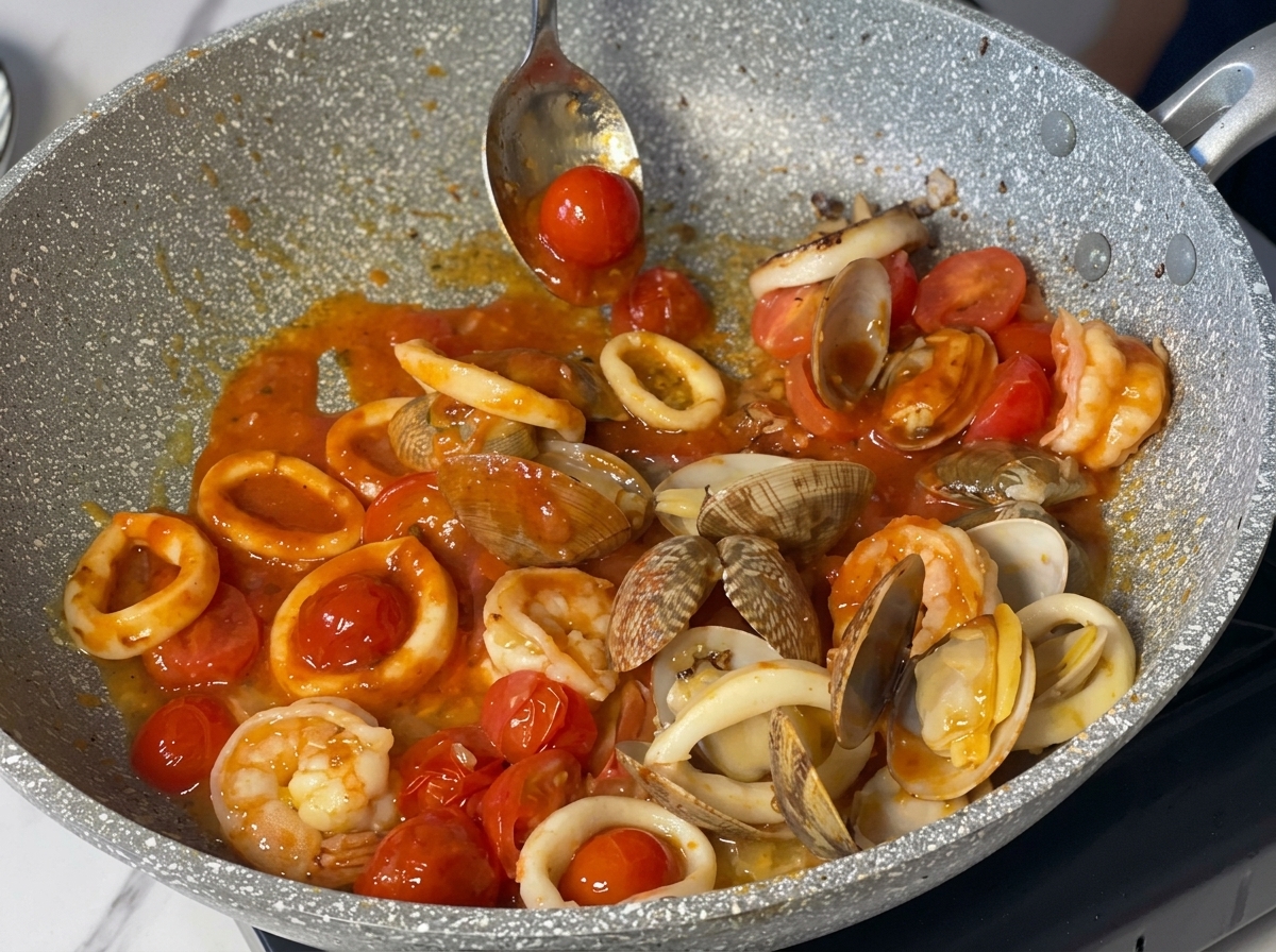 A spoon stirring a rich, vibrant red tomato sauce mixed with shrimp, squid rings, whole clams, and cherry tomatoes in a frying pan.