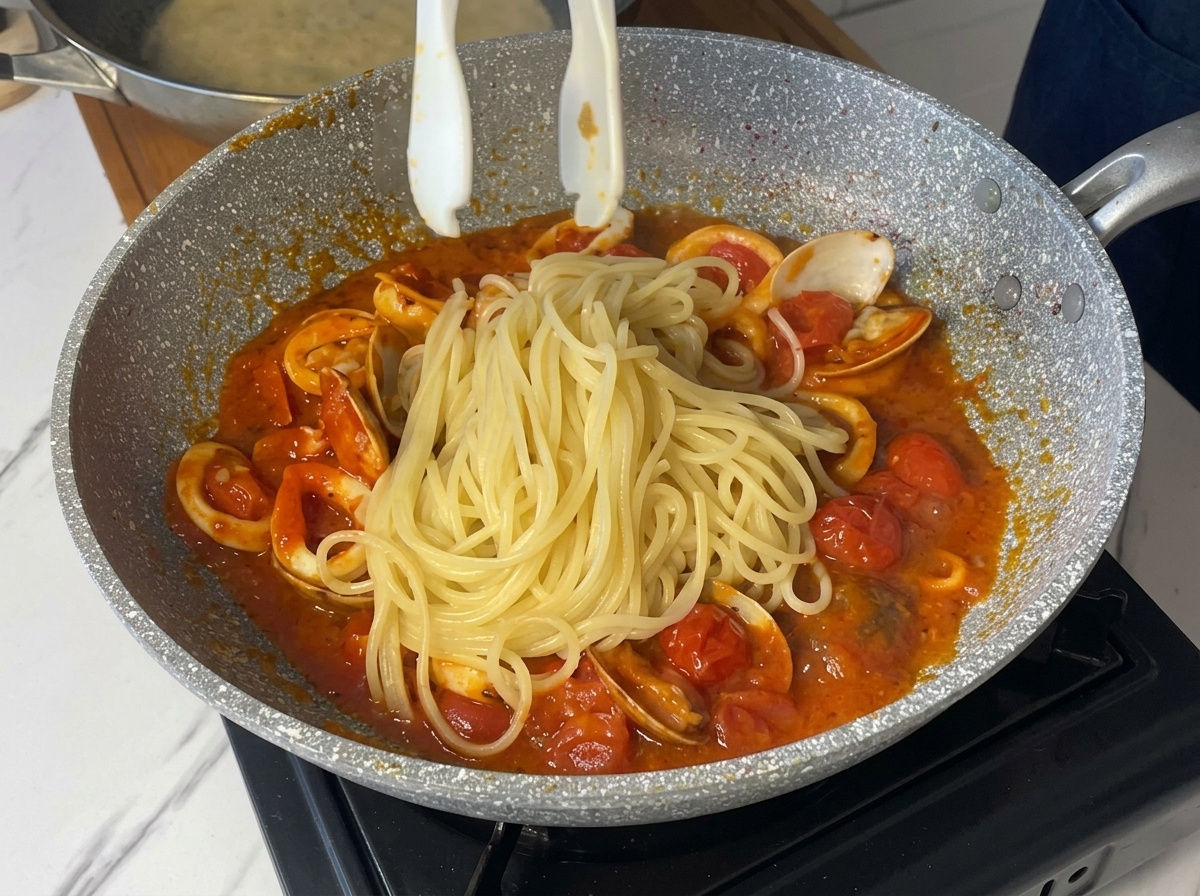 White tongs dropping cooked spaghetti into a pan of bubbling seafood tomato sauce.