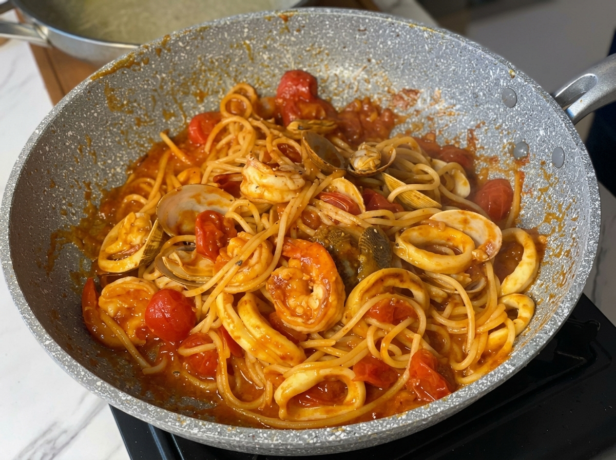Cooked seafood spaghetti completely mixed in a pan, ready for final seasoning.