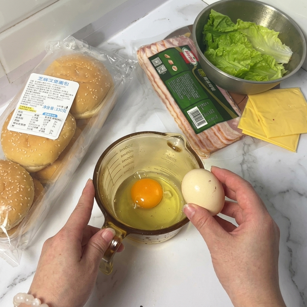 A person cracking an egg into a glass measuring cup containing another raw egg, with burger ingredients in the background.