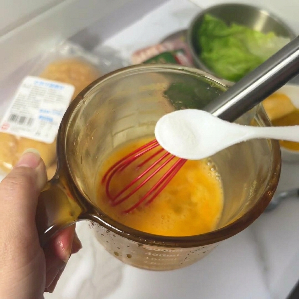 Whisking raw eggs with a small red whisk and adding a spoonful of salt in a glass cup.