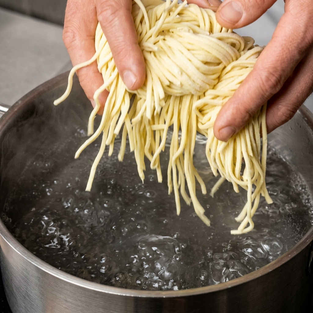 Two hands holding a bundle of thick spaghetti noodles over a stainless steel pot of actively boiling water.