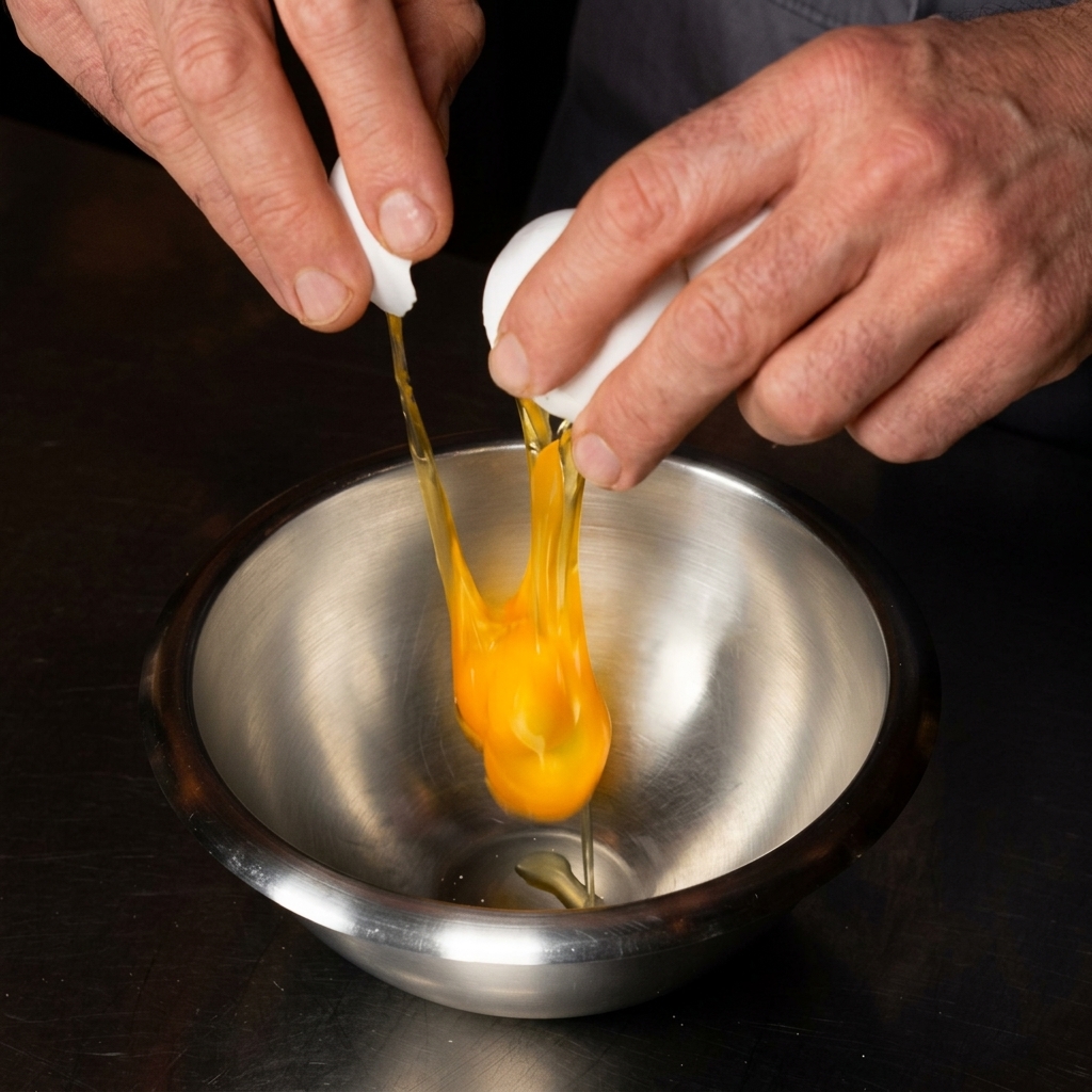 Two hands cracking a whole egg into a clean stainless steel mixing bowl.
