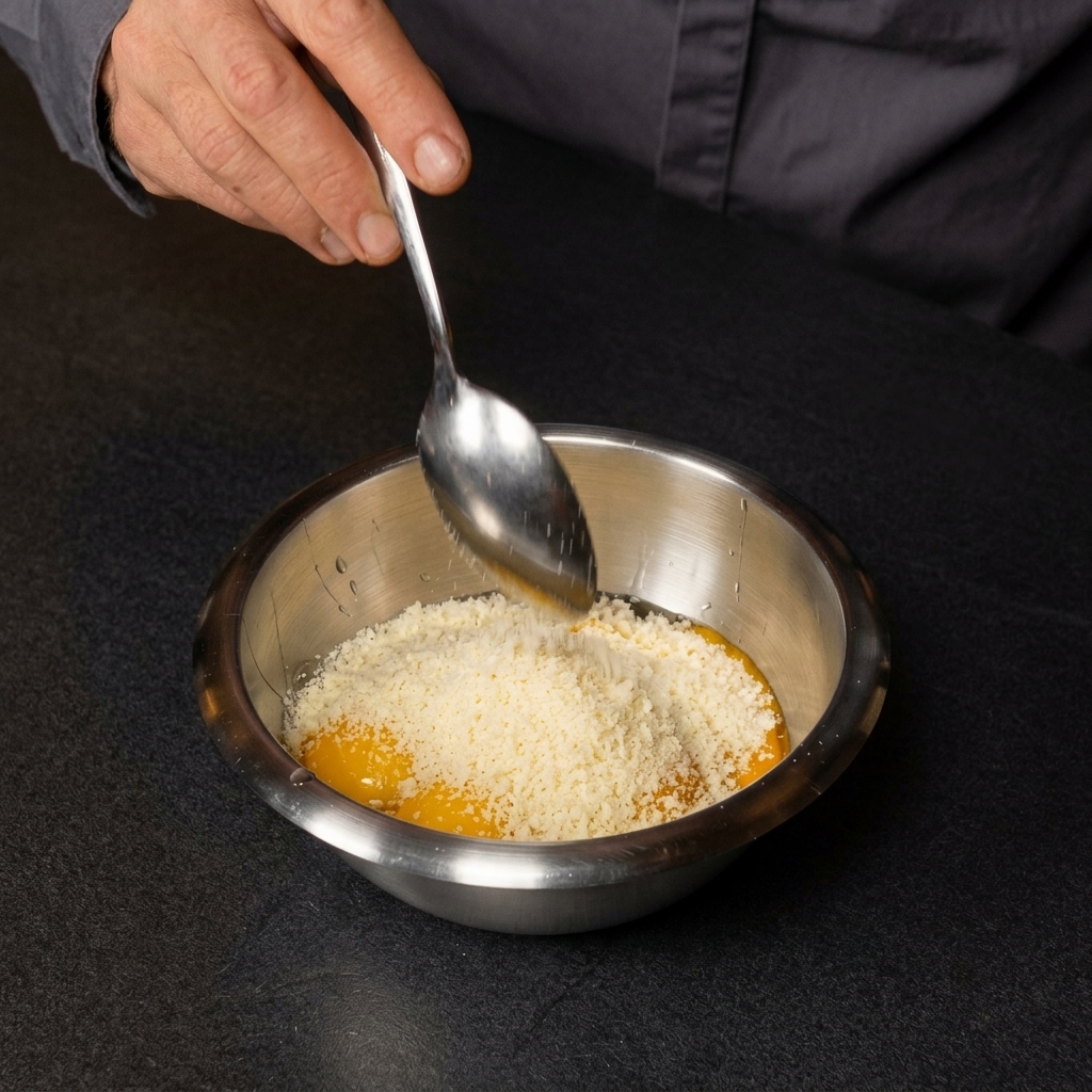A hand using a spoon to add finely grated cheese to a stainless steel bowl containing cracked eggs.