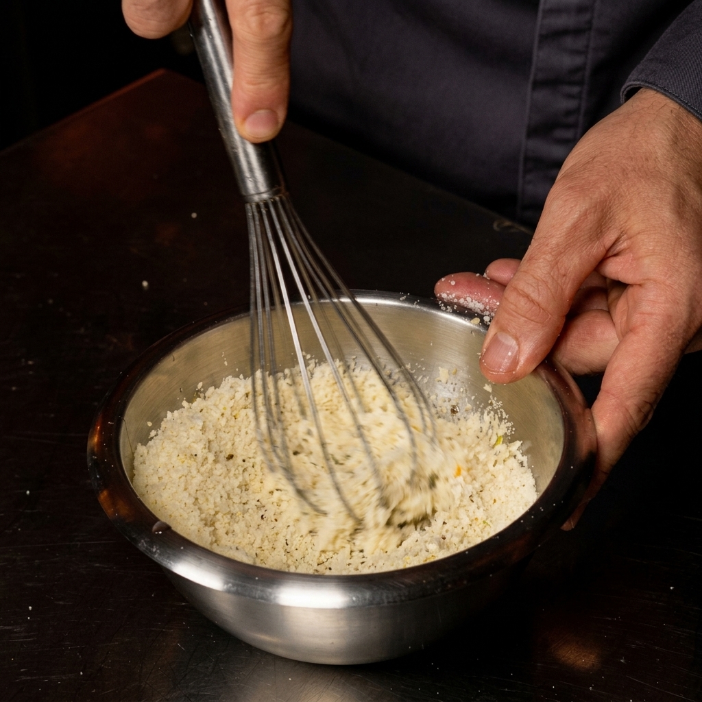 A hand vigorously whisking a thick mixture of eggs and cheese in a stainless steel bowl.