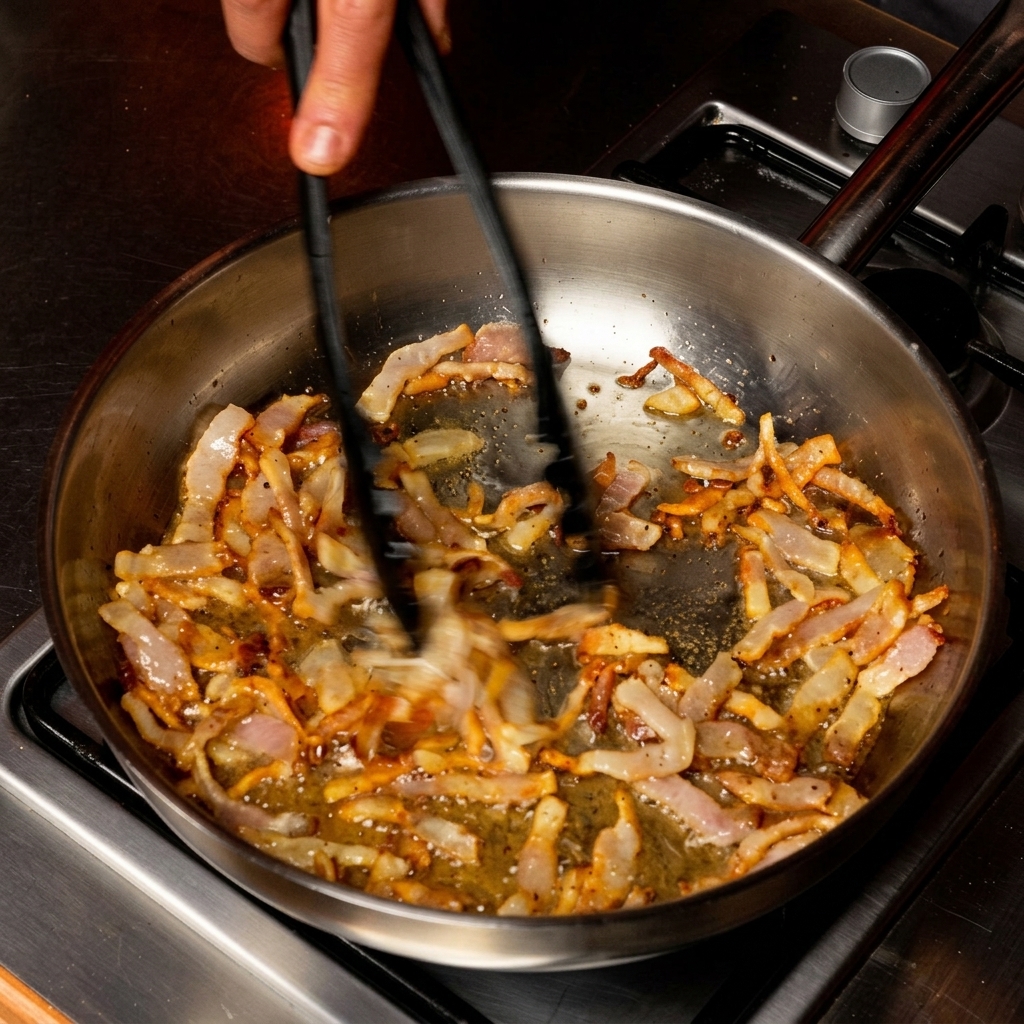 Tongs tossing strips of guanciale in a stainless steel skillet as they fry and render their fat.