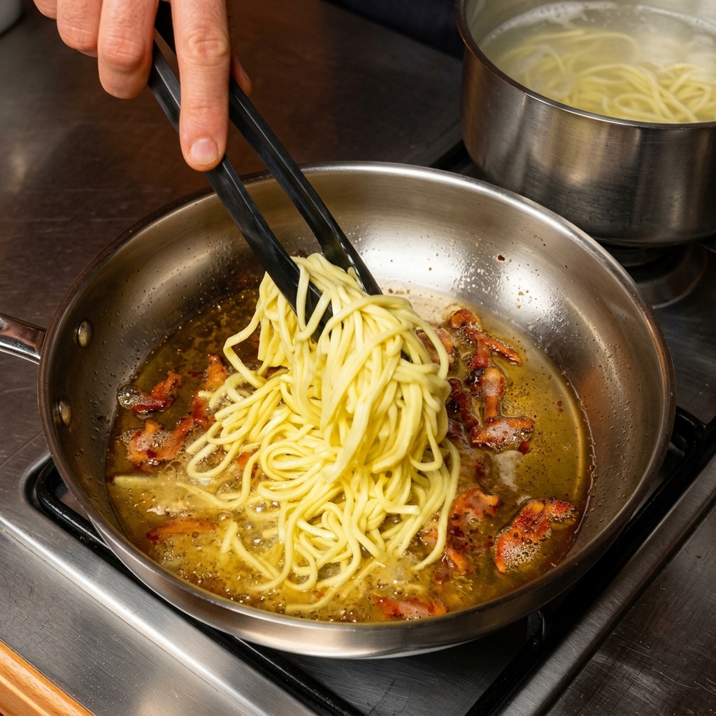 Black tongs lifting thick spaghetti noodles out of boiling water and transferring them into a stainless steel skillet filled with hot fat and browned guanciale pieces.