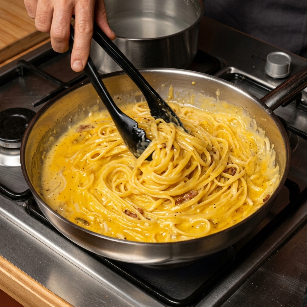Spaghetti being vigorously tossed with tongs in a skillet, coated in a glossy, creamy yellow carbonara sauce with bits of guanciale.