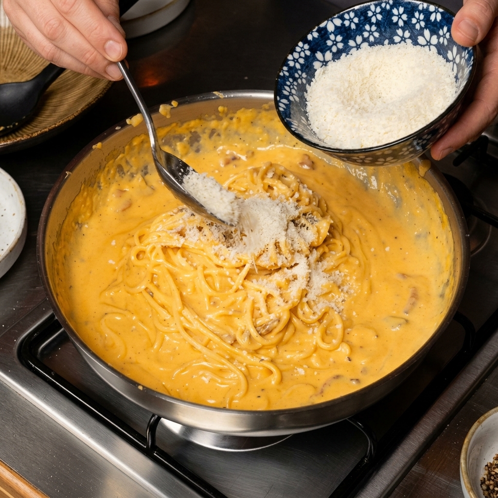 A hand sprinkling finely grated cheese from a blue and white patterned bowl over creamy spaghetti in a pan.