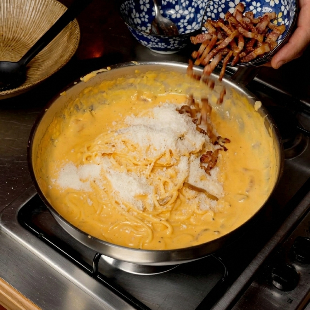 Pouring crispy fried guanciale pieces from a small bowl over creamy pasta in a skillet.