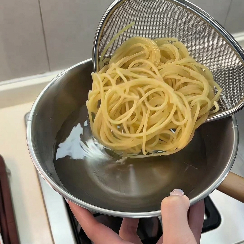 Cooked spaghetti noodles being lifted out of a pot of hot water using a stainless steel strainer.