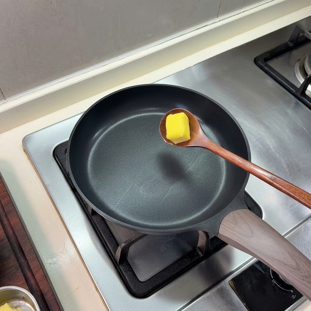 A square pat of yellow butter resting in a wooden spoon above a heated black skillet.