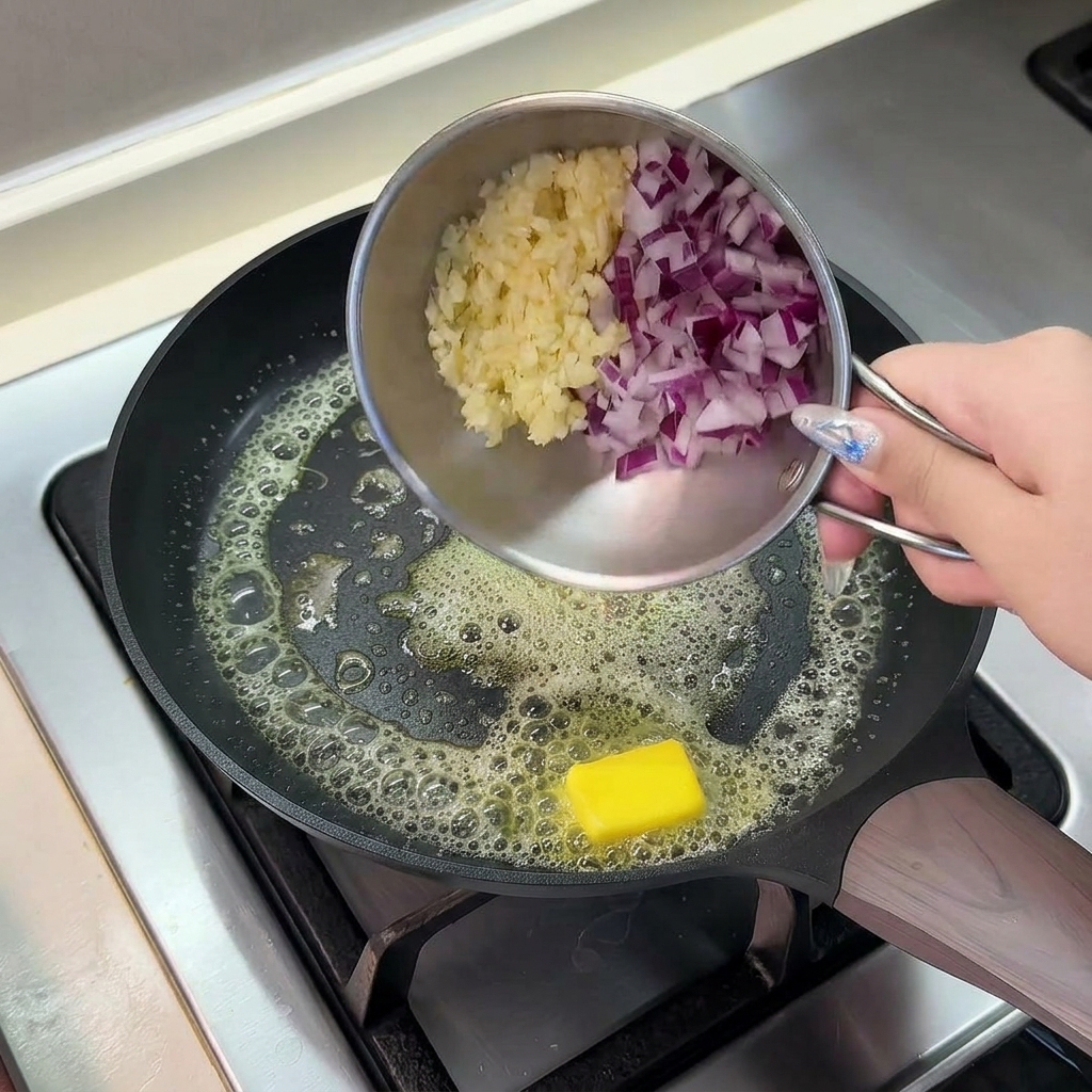 A small metal bowl pouring diced red onions and minced garlic into a pan with bubbling melted butter.