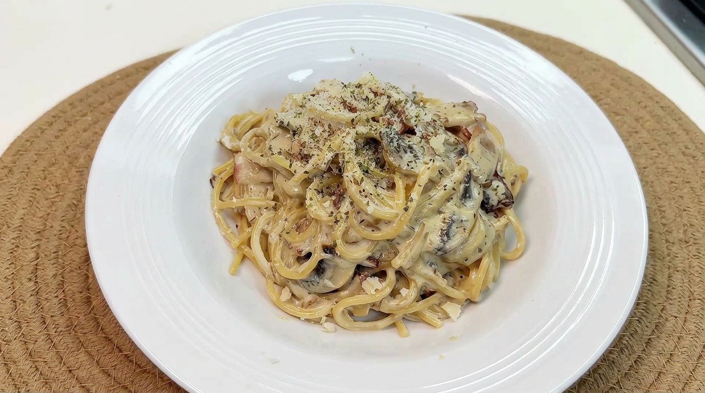 Easy Creamy Mushroom and Bacon Spaghetti