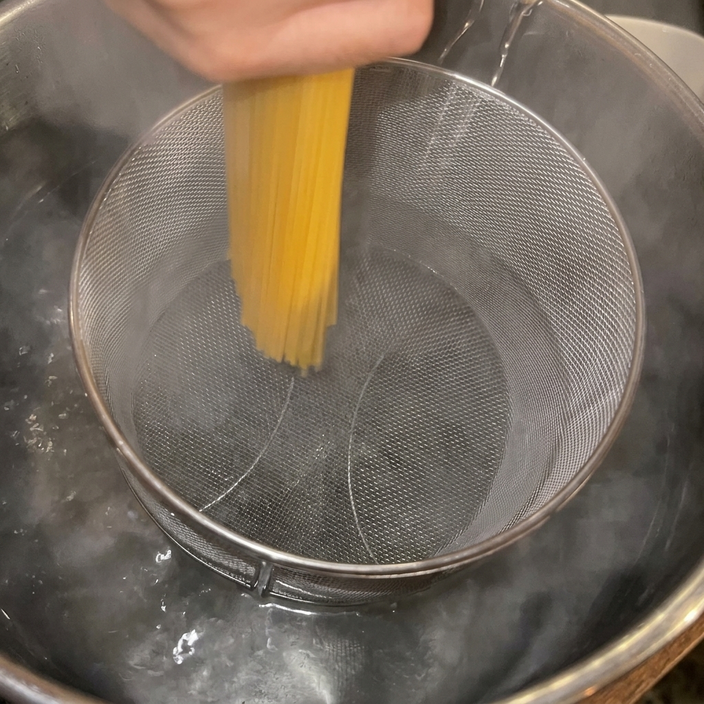 Dry spaghetti being lowered into a pot of boiling water through a metal mesh strainer.