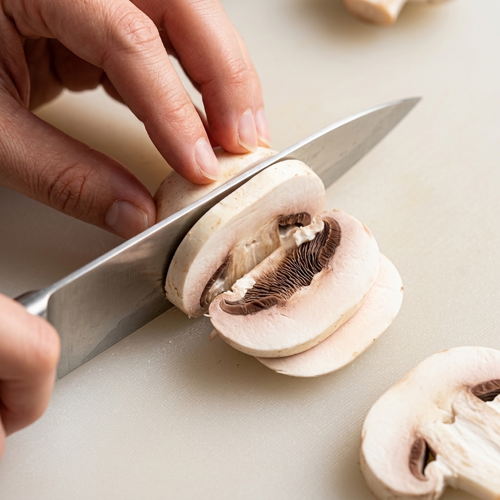 Hands holding a knife and cleanly slicing a white button mushroom on a cutting board.