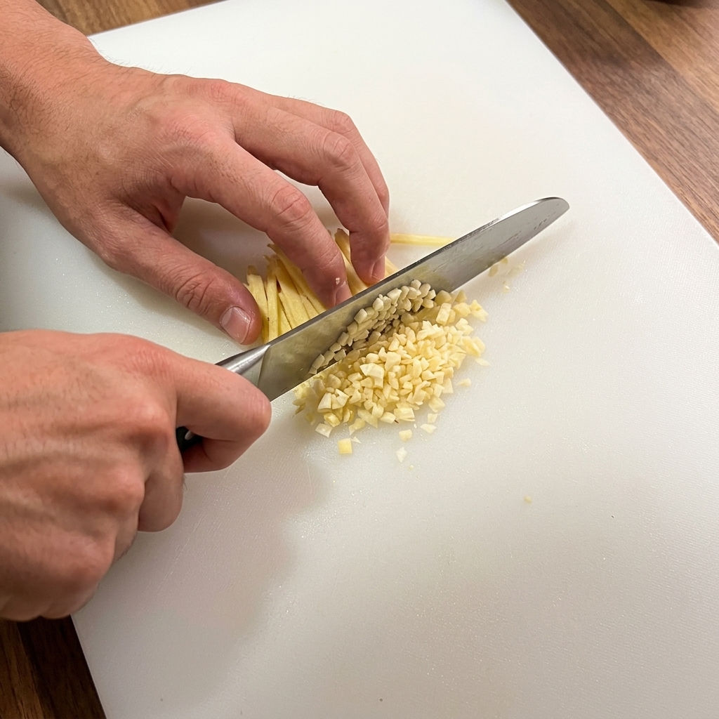 Hands finely dicing pale strips of aromatics into tiny pieces on a white cutting board.