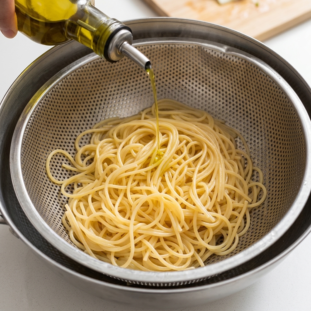 Olive oil being poured from a glass cruet over freshly cooked spaghetti resting in a stainless steel strainer.