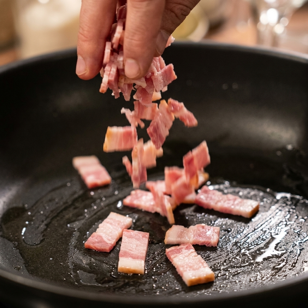 Hand dropping small pieces of raw bacon into a hot, lightly oiled black skillet.