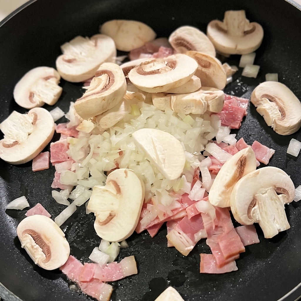 Sliced mushrooms and diced white onions piled on top of cooking bacon pieces in a black frying pan.