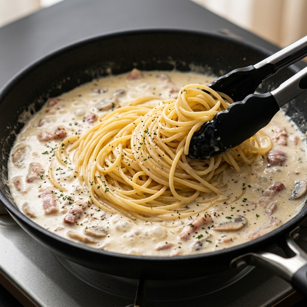 Tongs placing plain cooked spaghetti into a pan filled with a simmering white cream sauce, chopped bacon, and sliced mushrooms.