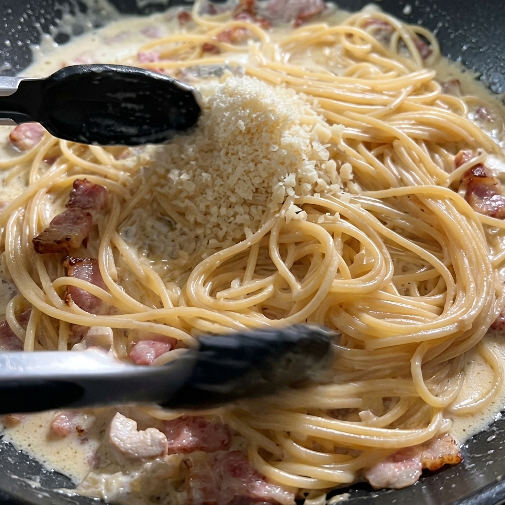A small mound of grated parmesan cheese sitting on top of creamy spaghetti and bacon inside a dark frying pan.