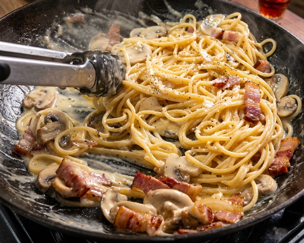 Kitchen tongs actively tossing spaghetti inside a large pan to evenly mix it with the creamy sauce, bacon bits, and sliced mushrooms.