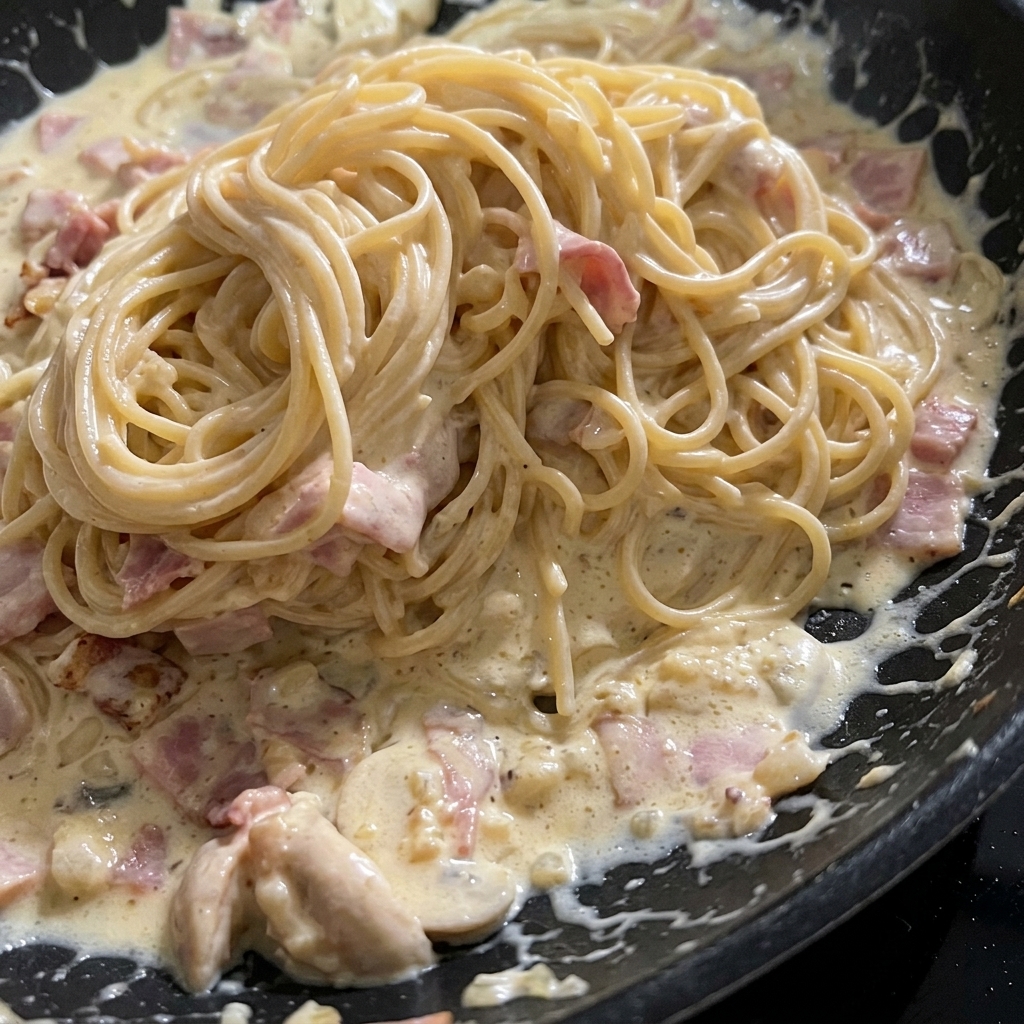 Freshly cooked creamy spaghetti carbonara with visible pieces of bacon and mushrooms in a black pan.