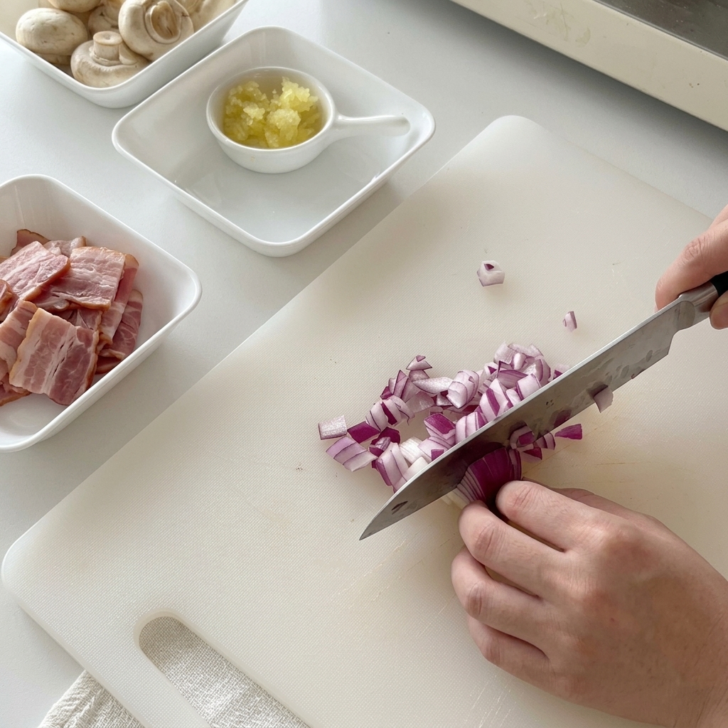 Hands holding a chefs knife to finely dice a red onion on a white cutting board.