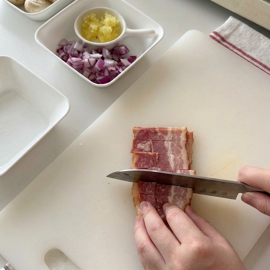Slicing raw bacon strips into small rectangular pieces on a white cutting board.