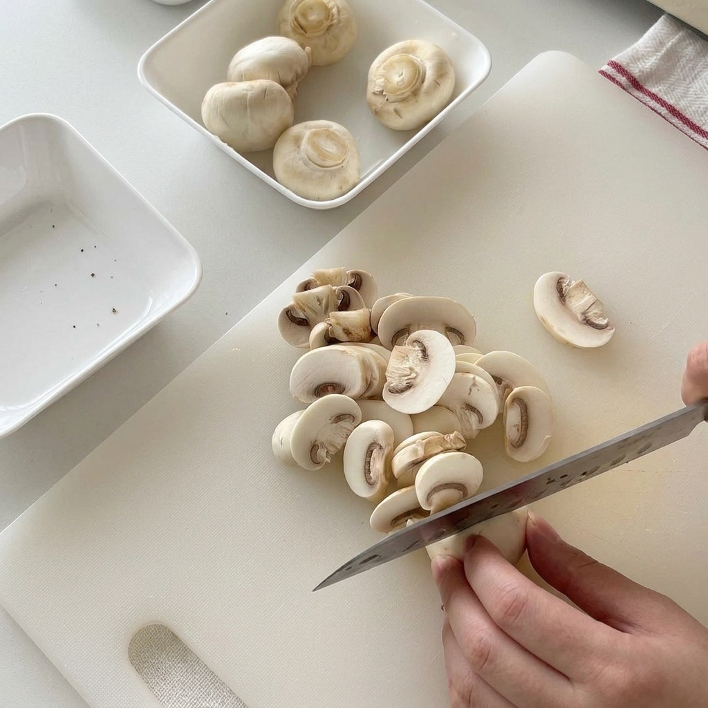 Slicing white button mushrooms evenly on a white cutting board.