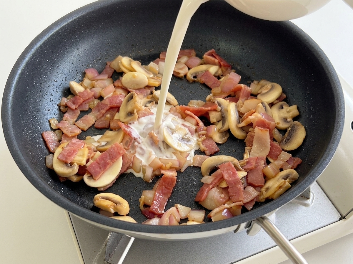 Milk being poured from a white bowl into a frying pan with cooked bacon, mushrooms, and onions.