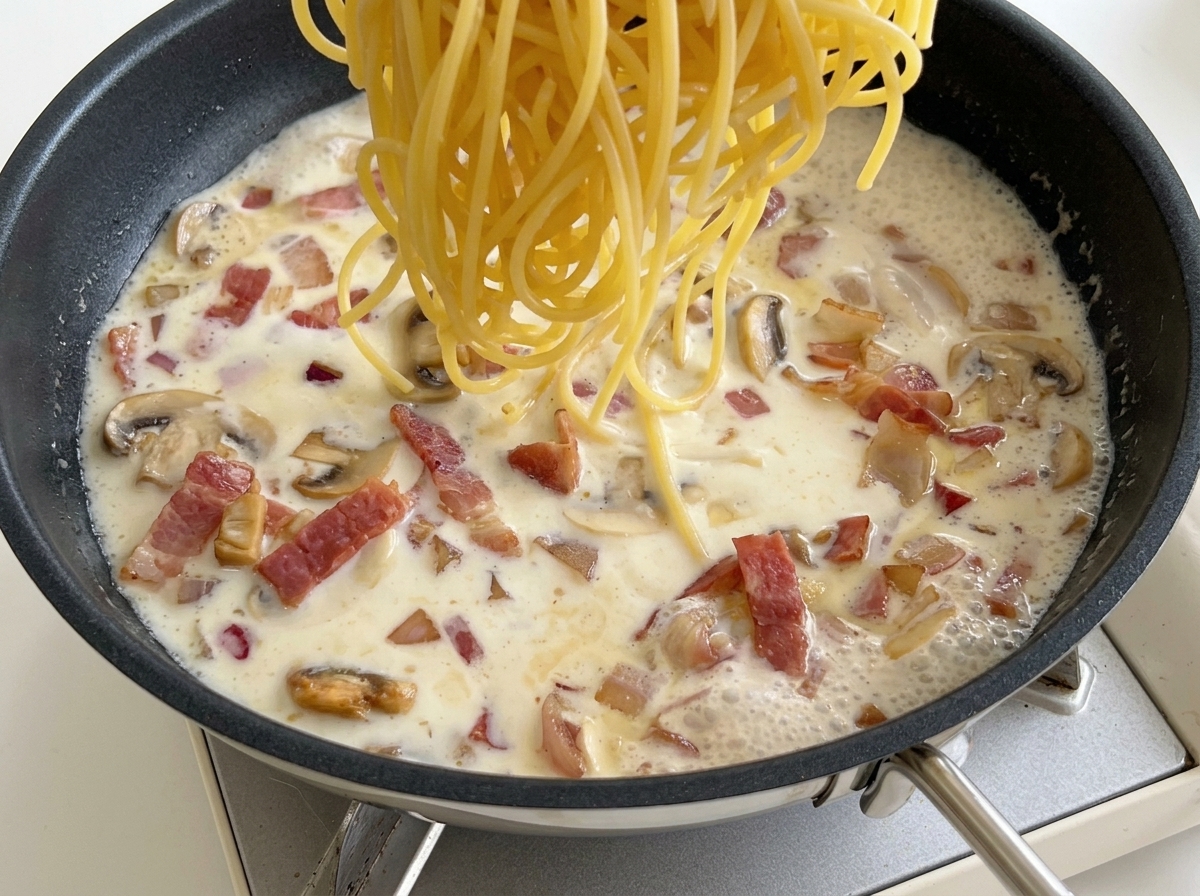 Cooked spaghetti noodles being lowered into a pan of bubbling, creamy milk sauce with bacon and mushrooms.