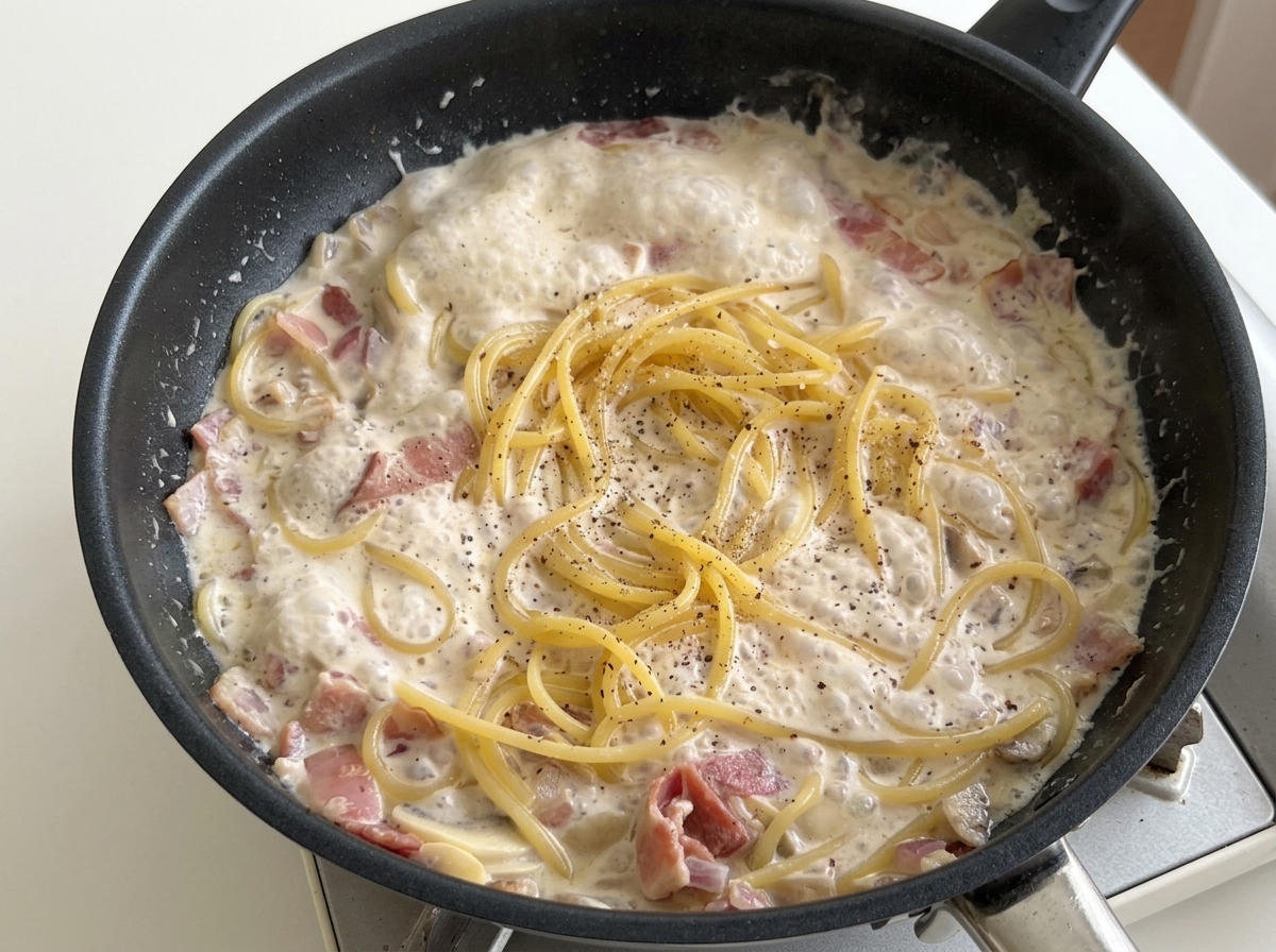 Spaghetti noodles simmering in a creamy white sauce with chopped bacon and mushrooms, generously sprinkled with black pepper in a black skillet.