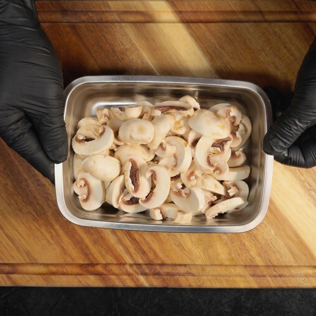 A metal tray filled with evenly sliced white mushrooms held over a wooden cutting board by black-gloved hands.
