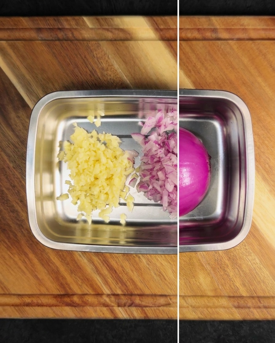A split view showing finely chopped red onion and minced garlic in a tray, next to a whole peeled red onion half.